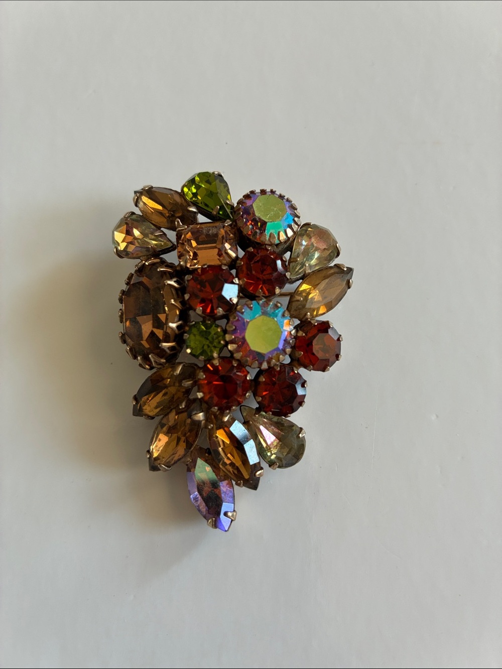 Vintage Albert Weiss Multicolor Aurora & Amber Rhinestone Brooch - Mid Century